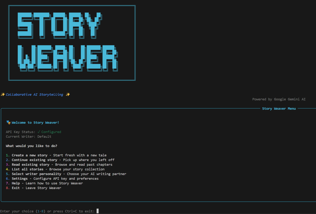 Storyweaver command-line interface showing its main menu for creating, continuing, editing, and listing stories.