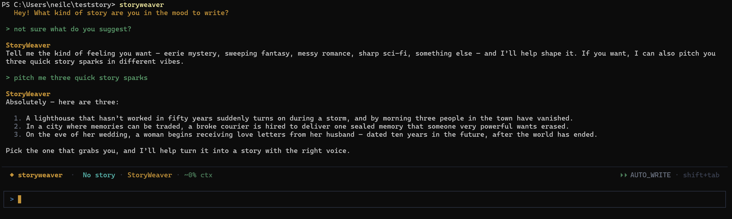 Rewritten Storyweaver terminal interface suggesting three story ideas in response to a request for writing inspiration.