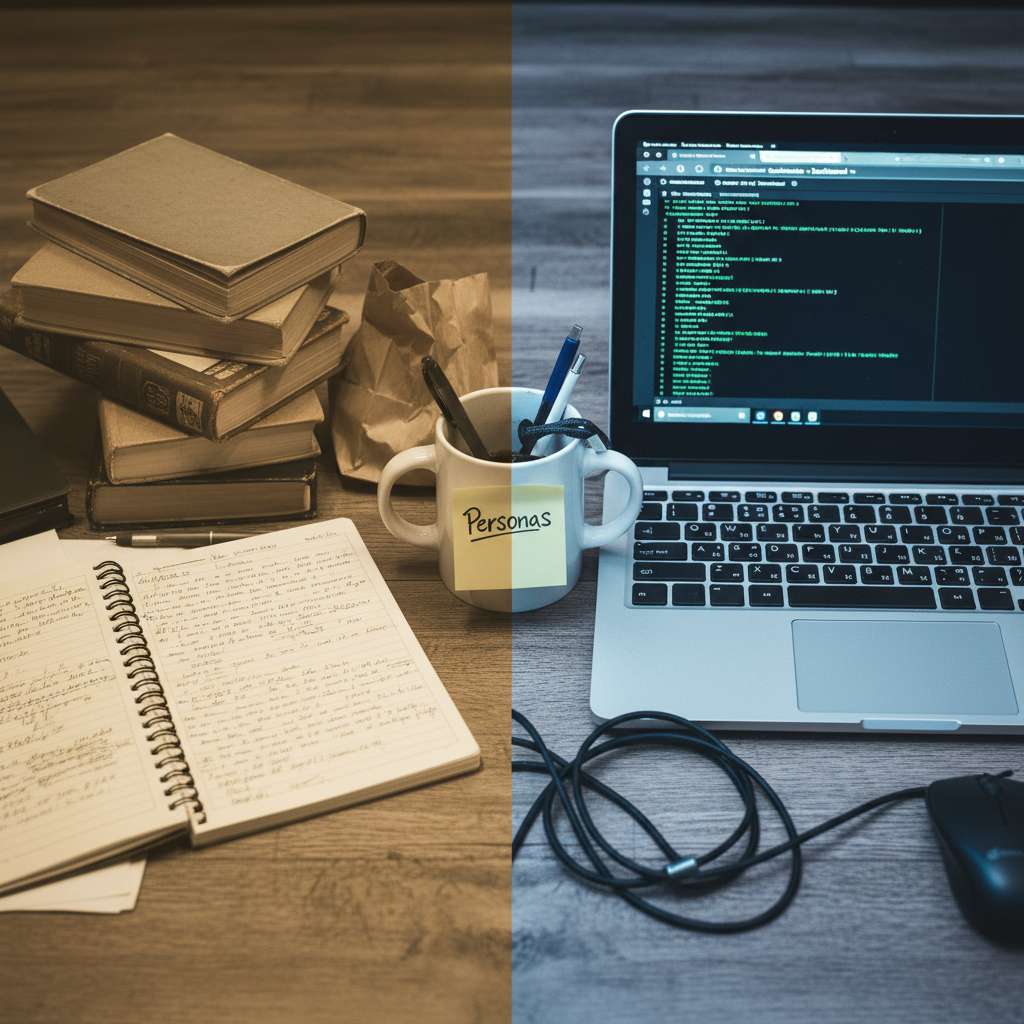 A split desk pairs stacked books and a handwritten notebook with a laptop displaying code and a mug labeled Personas between them.