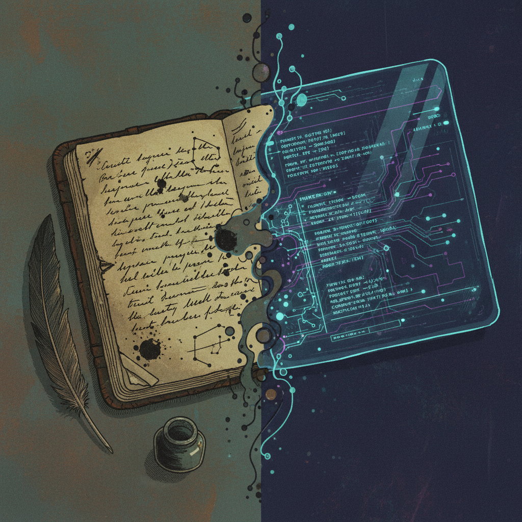 An ink-stained handwritten notebook merges into a glowing transparent tablet filled with code.