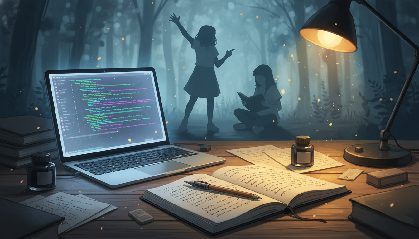 A laptop displaying code and an open handwritten notebook sit before silhouettes of two girls in a misty forest.