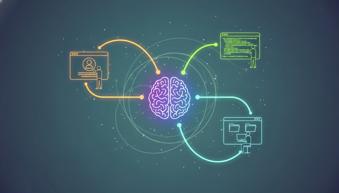 A glowing brain connects by colored lines to icons of a user profile, a code window, and a computer workspace.