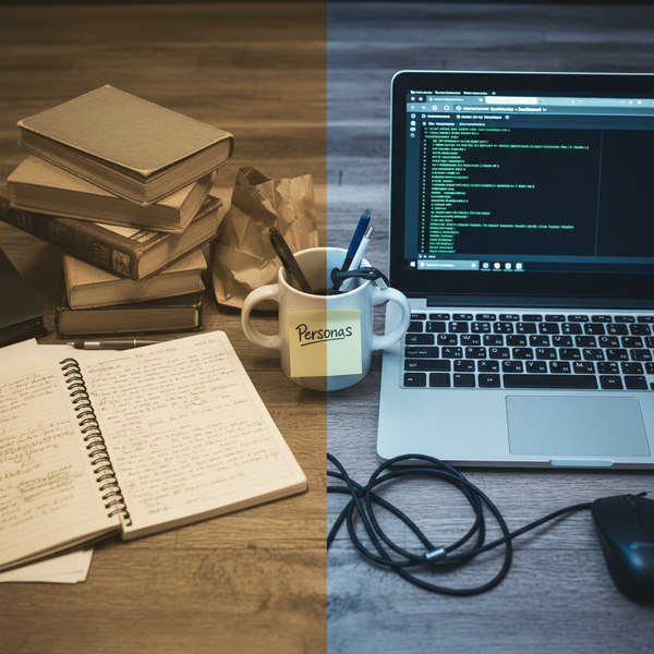 A split desk pairs stacked books and a handwritten notebook with a laptop displaying code and a mug labeled Personas between them.