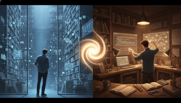 A developer moves from a vast blue archive of code history through a glowing portal to a warm workspace with branching version diagrams.
