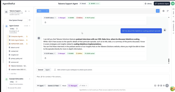 AgentShelf chat workspace interface showing an early support agent prototype.