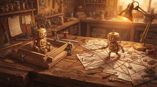 Two brass toy robots work at separate stations on a workshop table, one in a wooden jig and the other navigating diagrams connected by red thread.