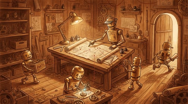 Illustration of a brass toy-robot foreman directing a crew of smaller worker robots around a workshop table, representing Claude coordinating parallel Codex tasks.